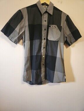 Element Conscious by Nature Grey Block Plaid Short Sleeve Button Up Shirt Large